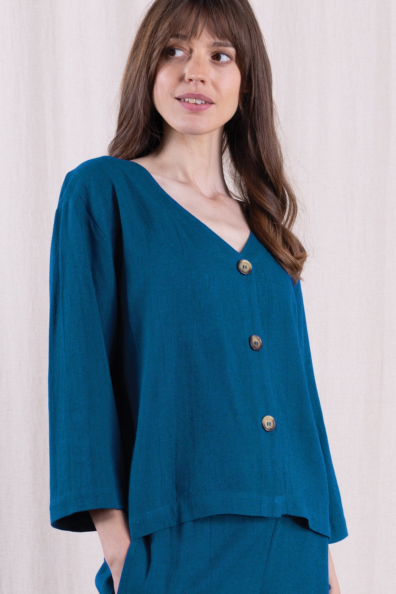 SS26 Linen Blend V Neck Shirt / Jacket - Neptune