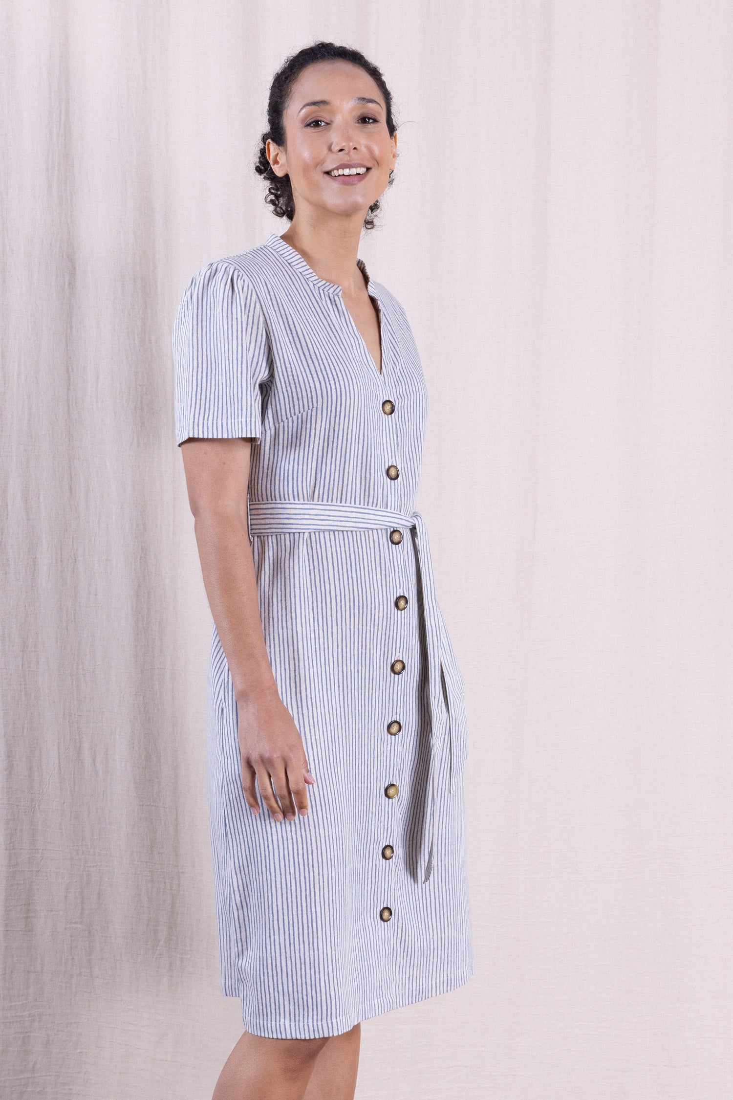 SS26 Linen Blend Button Through Dress - Cornflower