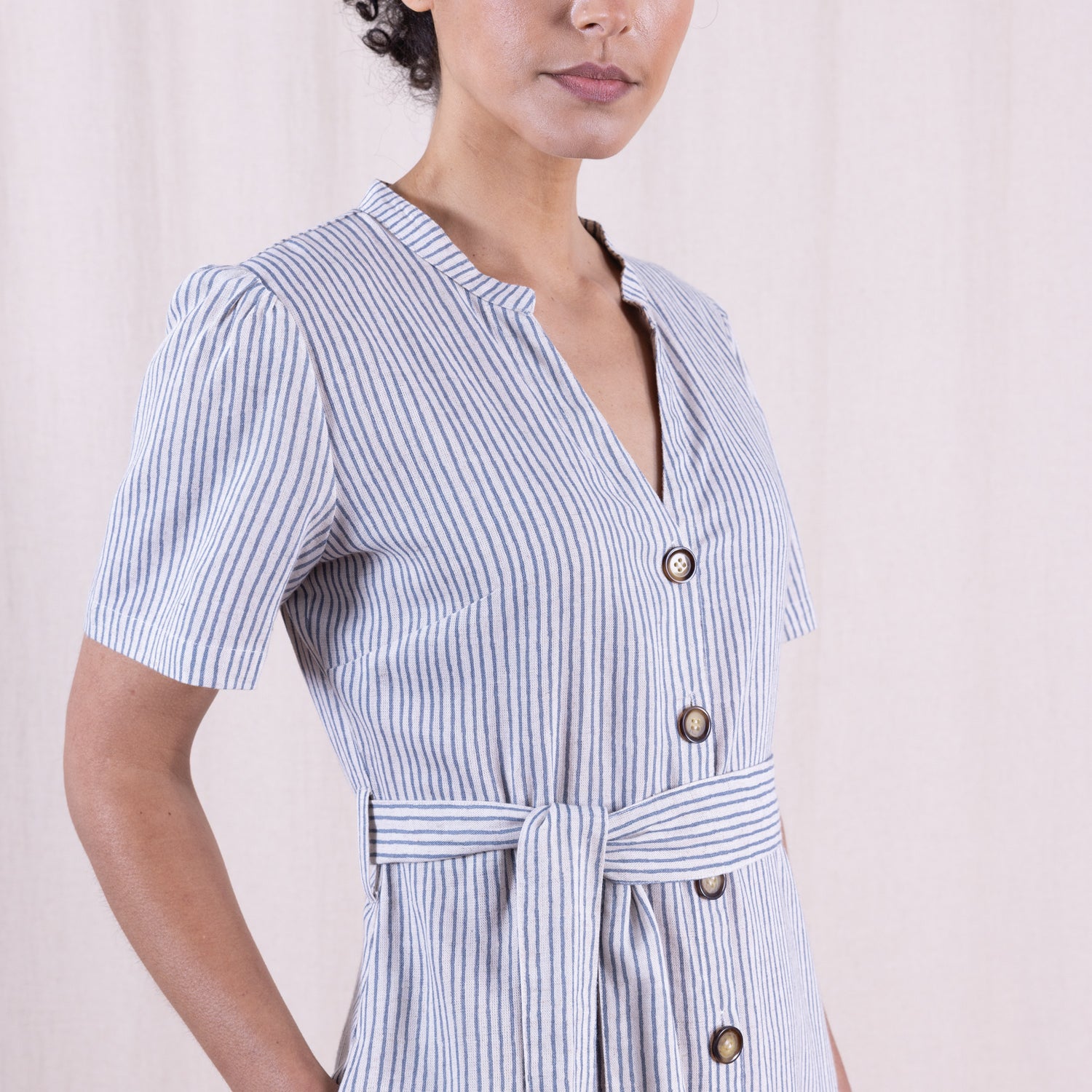 SS26 Linen Blend Button Through Dress - Cornflower