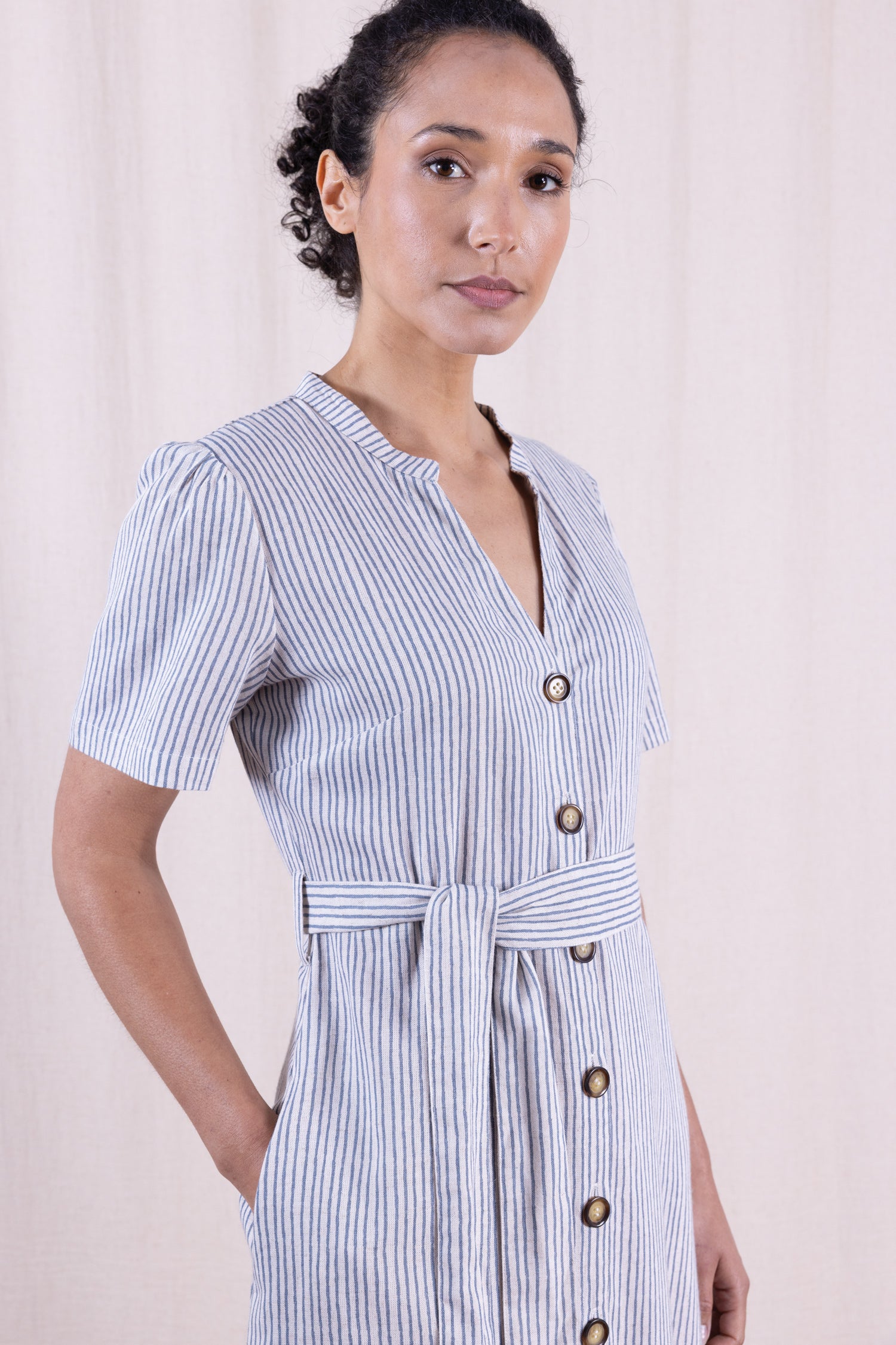 SS26 Linen Blend Button Through Dress - Cornflower