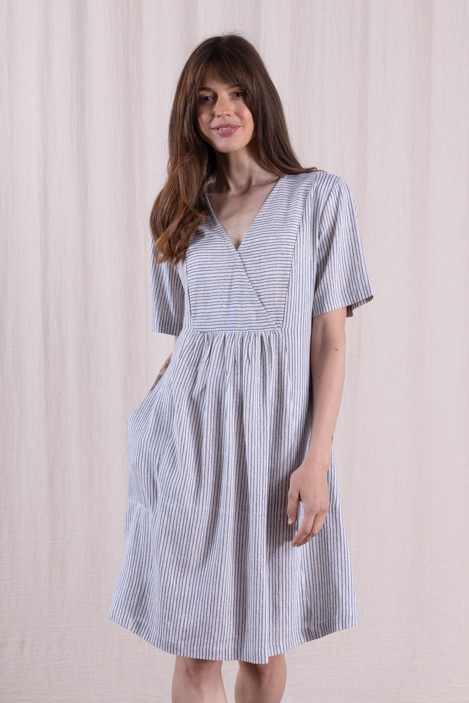 SS26 Linen Blend Smock Tunic Dress - Cornflower