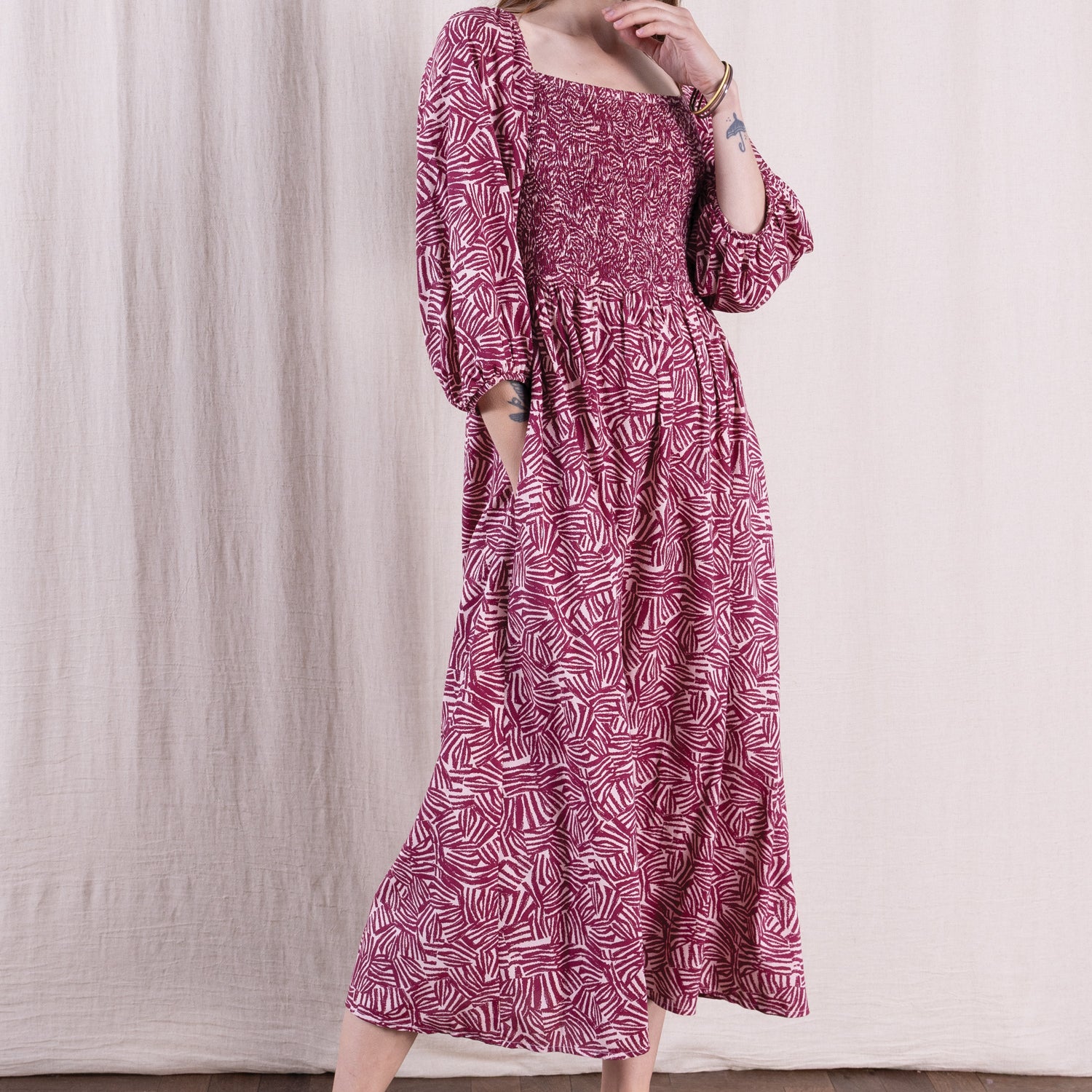 SS26 Ecovero Square Neck Shirred Dress - Rosewood