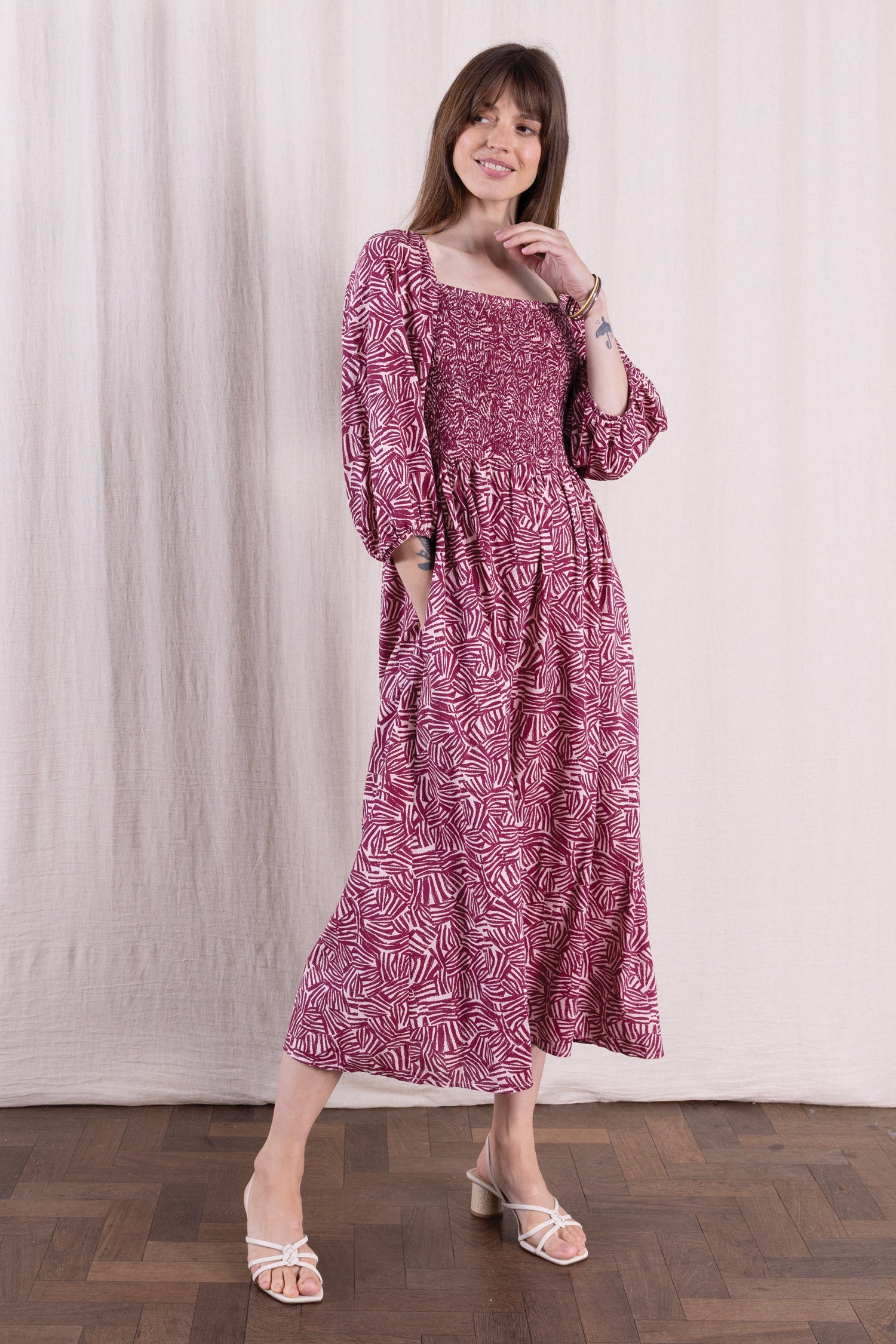 SS26 Ecovero Square Neck Shirred Dress - Rosewood