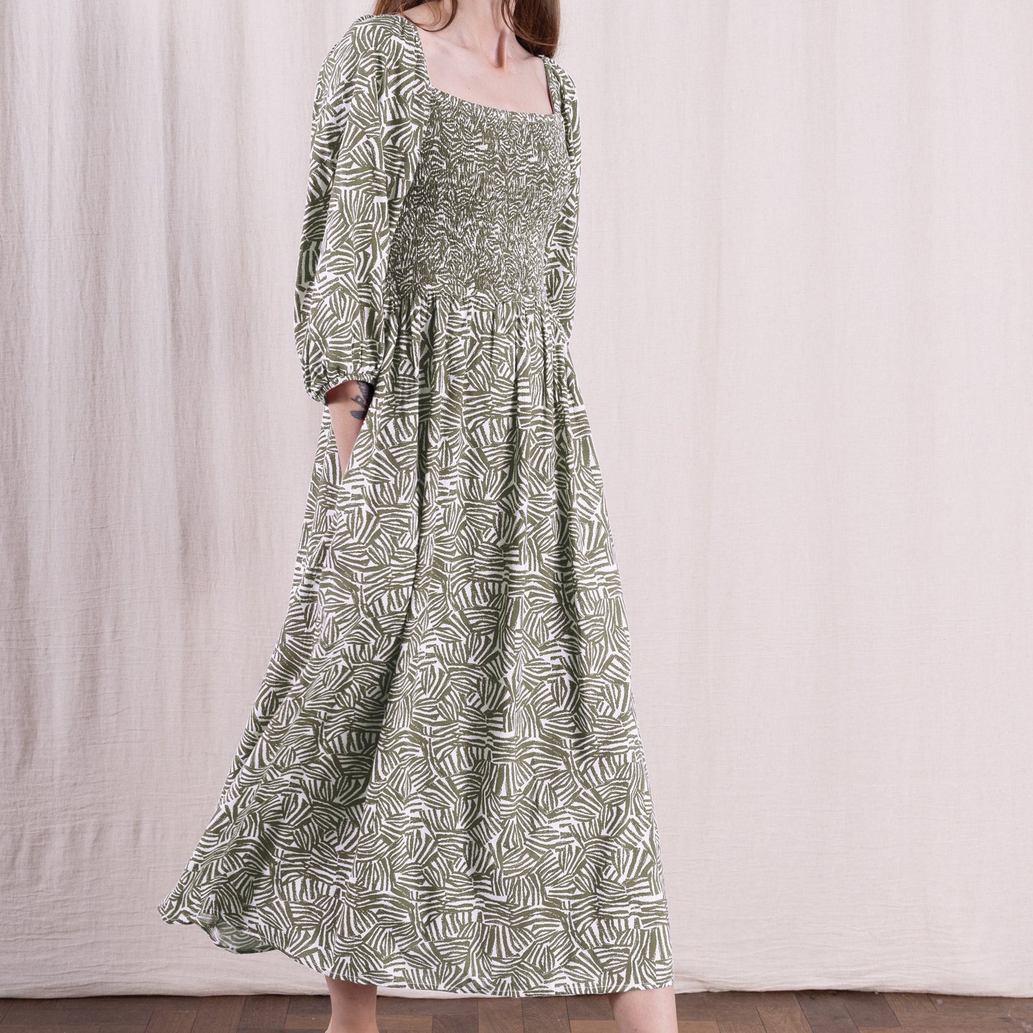 SS26 Ecovero Square Neck Shirred Dress - Verdant