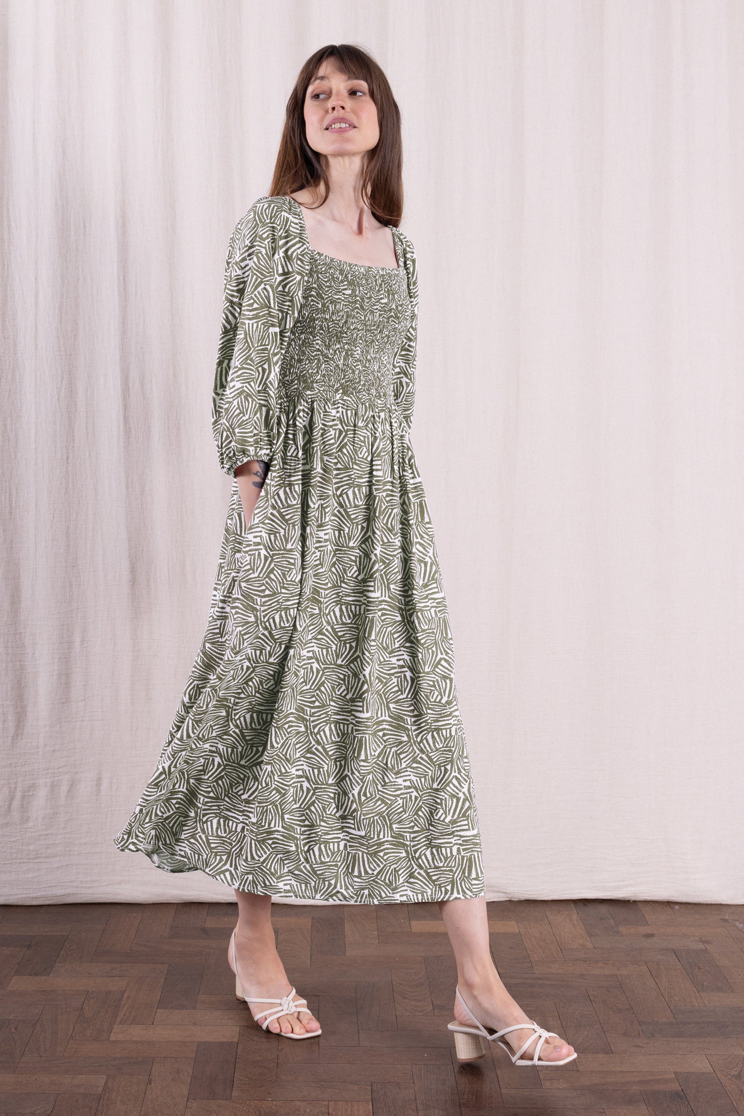 SS26 Ecovero Square Neck Shirred Dress - Verdant