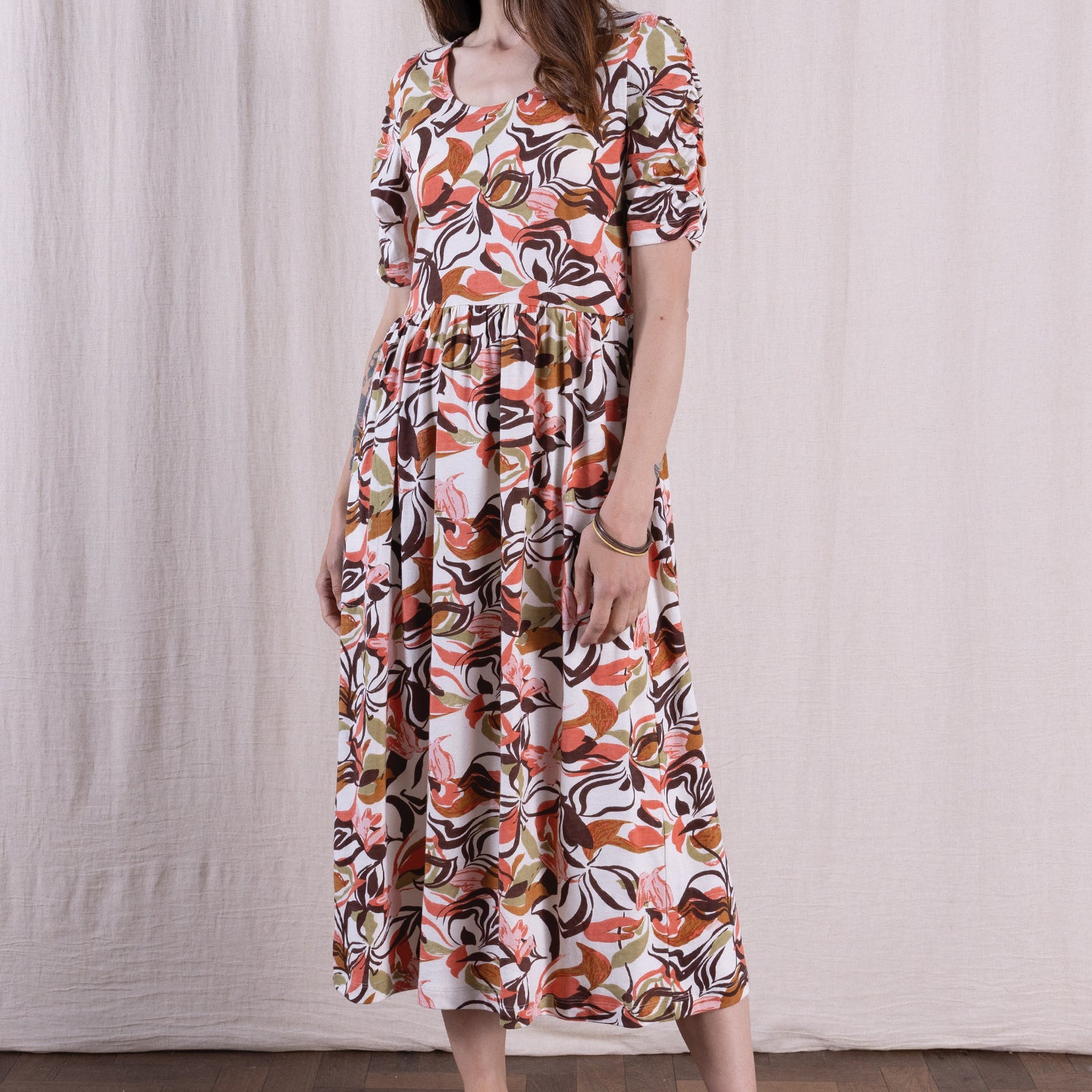 SS26 Organic Cotton Gathered Sleeve Midi Dress - Multi