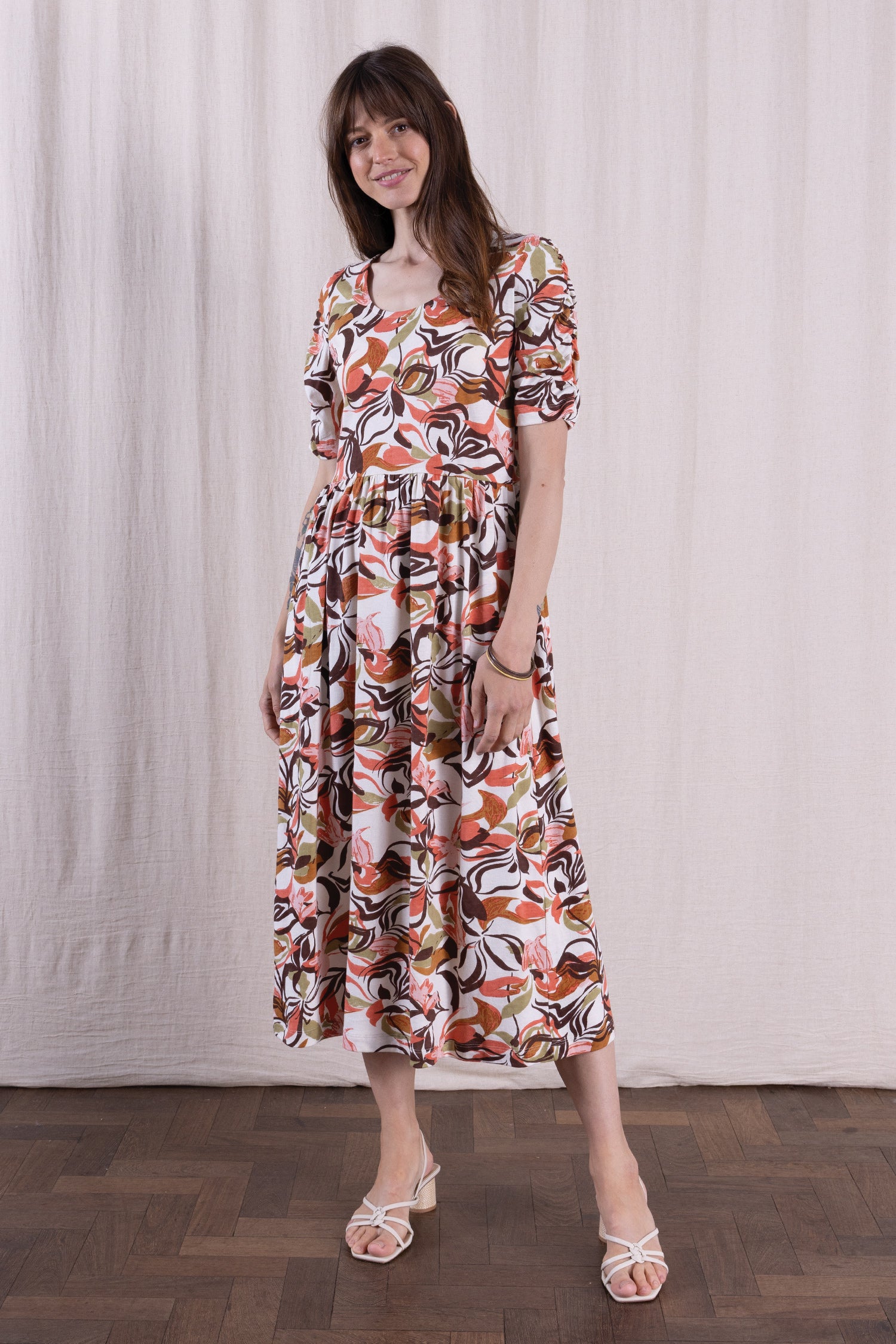 SS26 Organic Cotton Gathered Sleeve Midi Dress - Multi