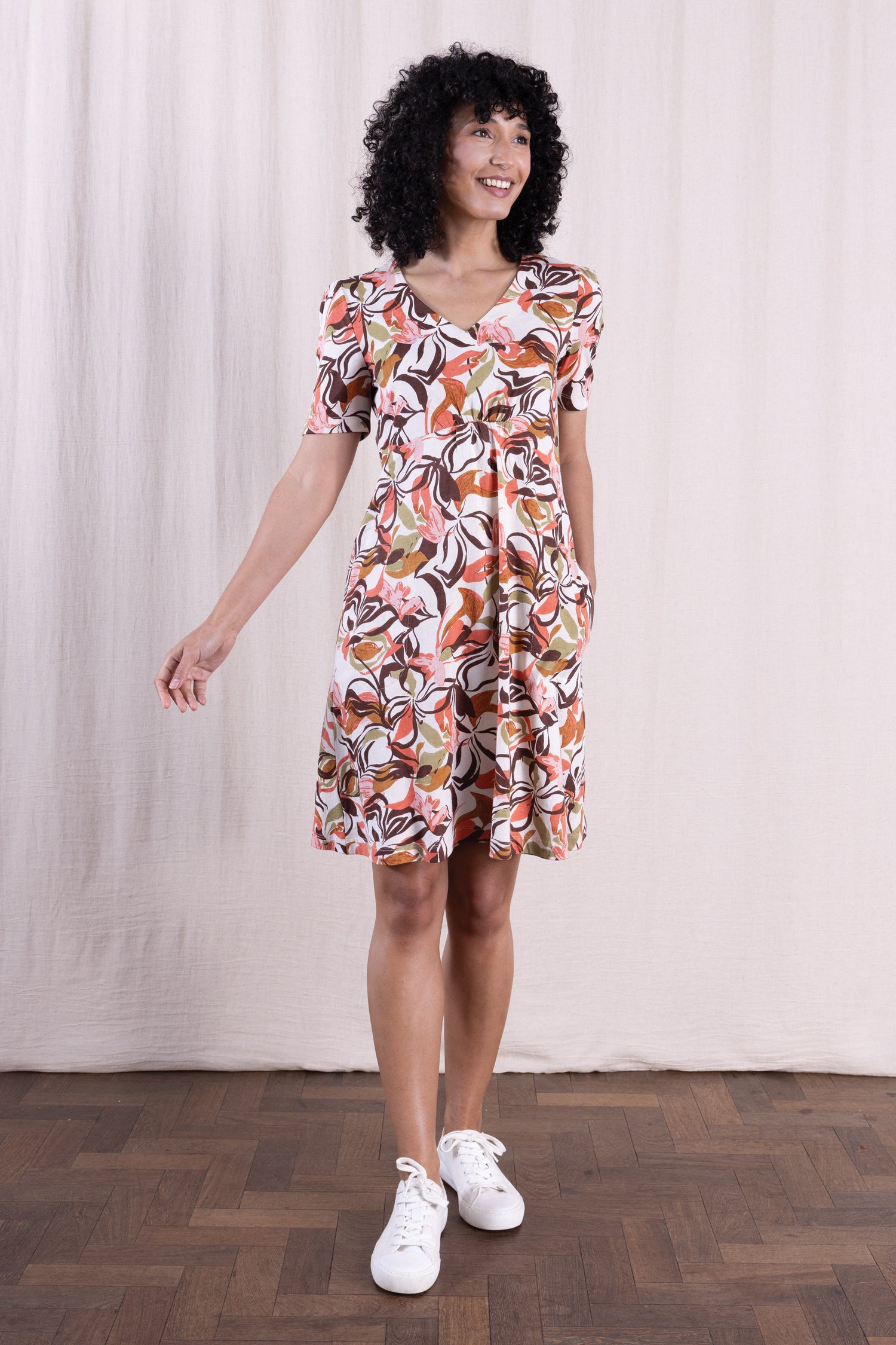 SS26 Organic Cotton Gathered Waist Tunic Dress - Multi