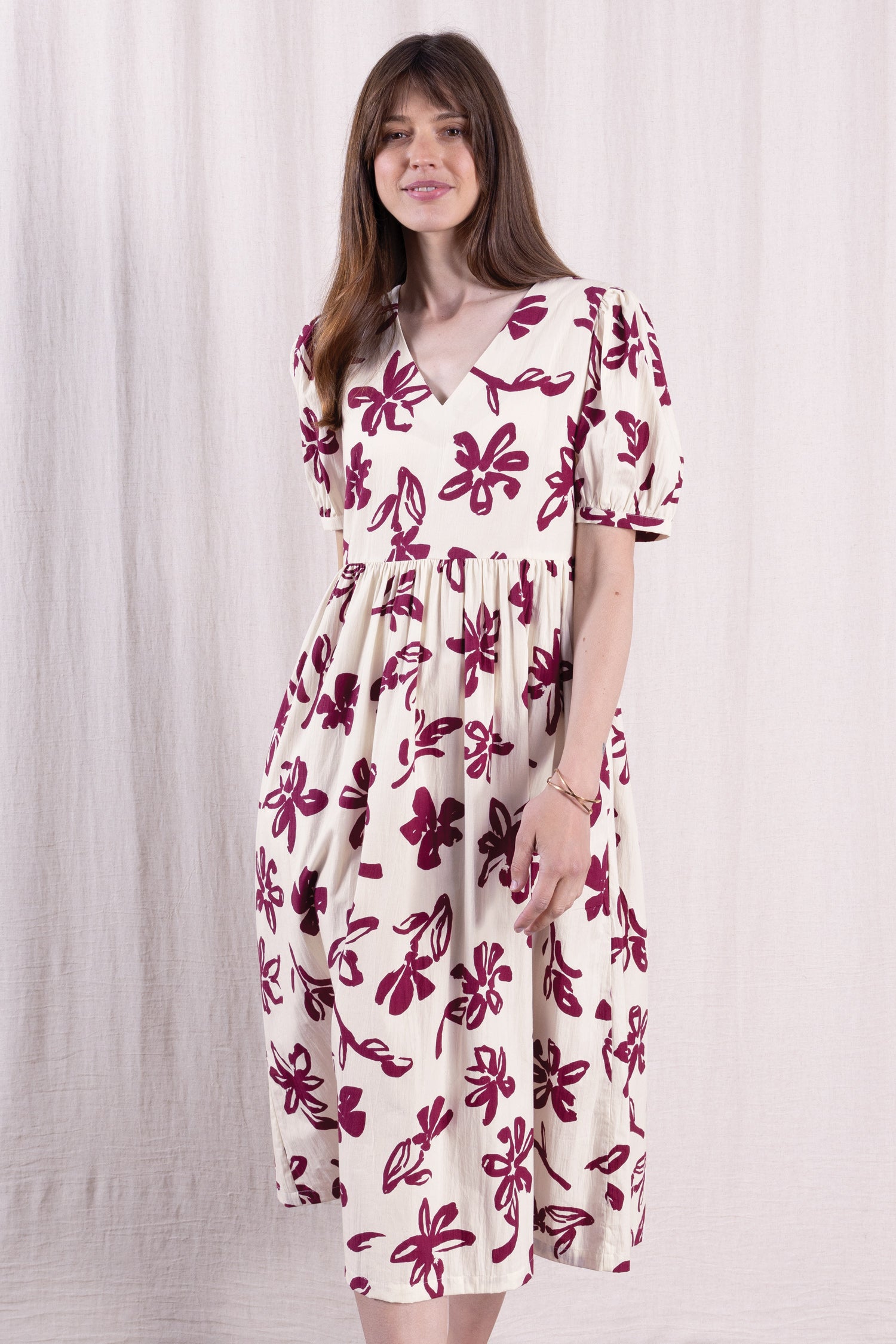 SS26 Cotton Poplin Angled Puff Sleeve Dress - Rosewood