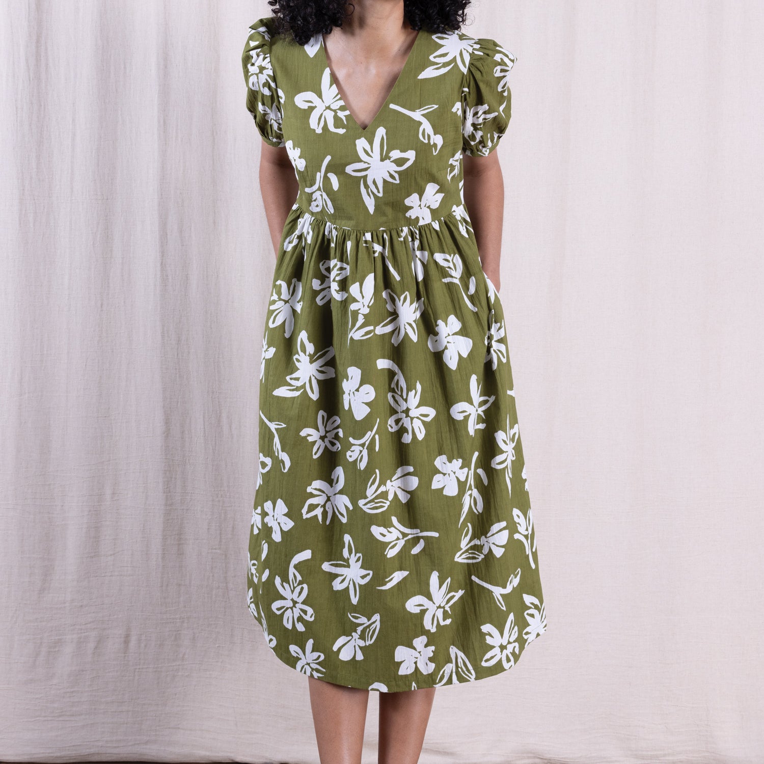 SS26 Cotton Poplin Angled Puff Sleeve Dress - Verdant