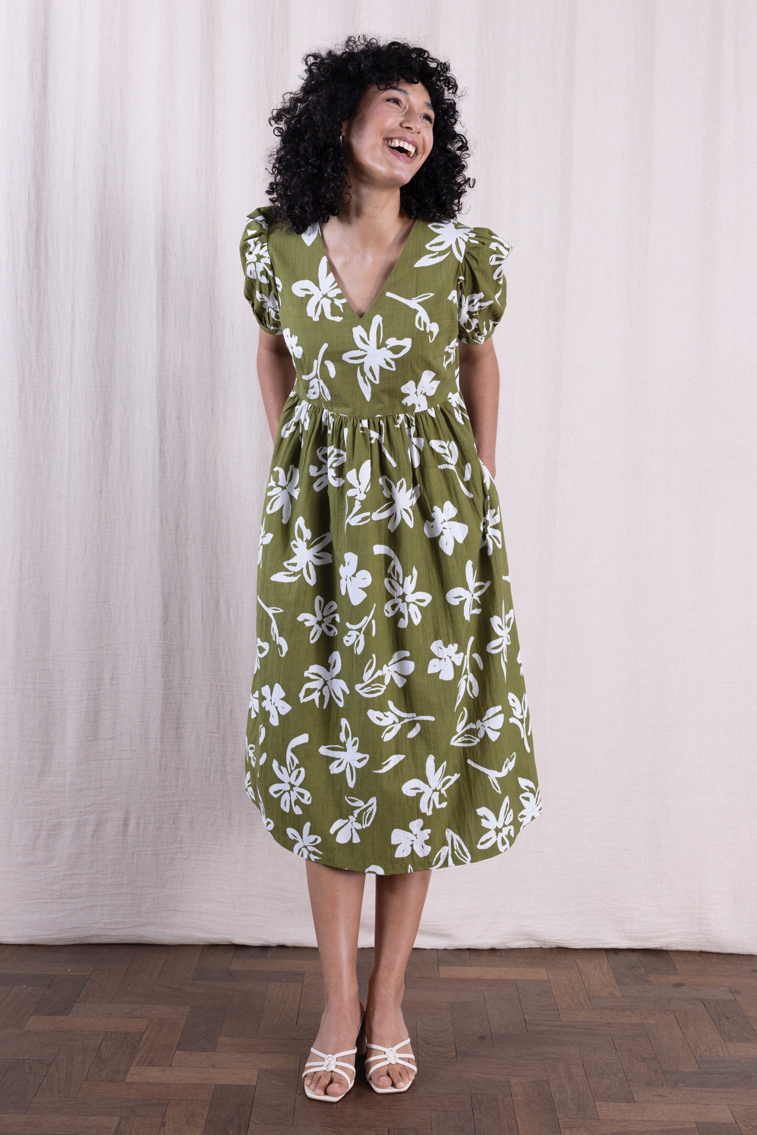 SS26 Cotton Poplin Angled Puff Sleeve Dress - Verdant