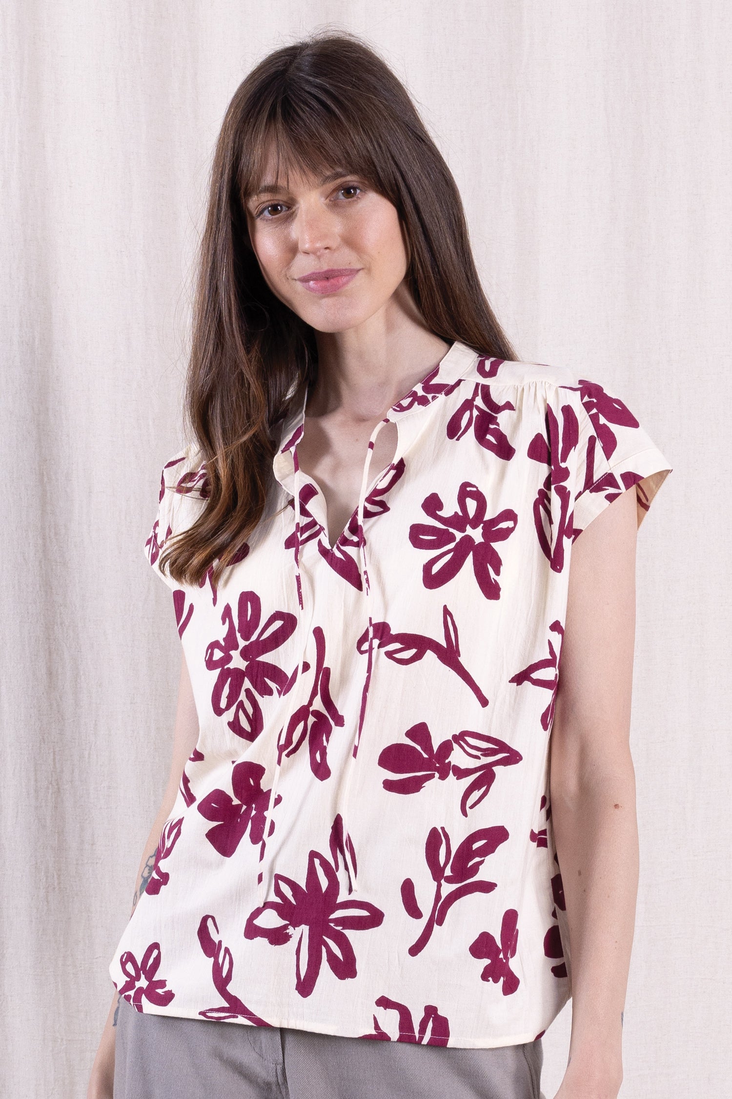 SS26 Cotton Poplin Tie Neck Top  - Rosewood