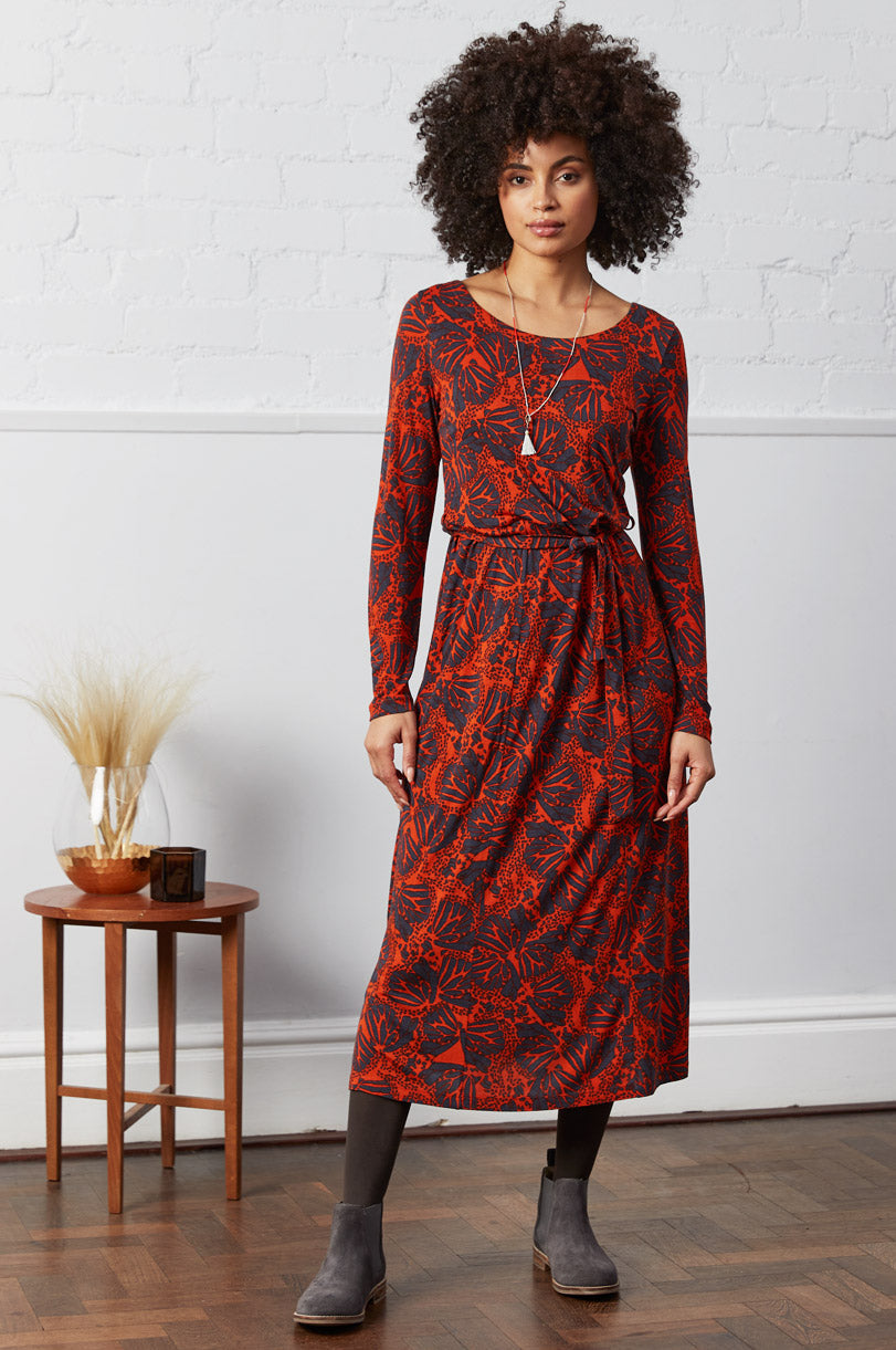 Ecovero Printed Tie Belt Midi Dress