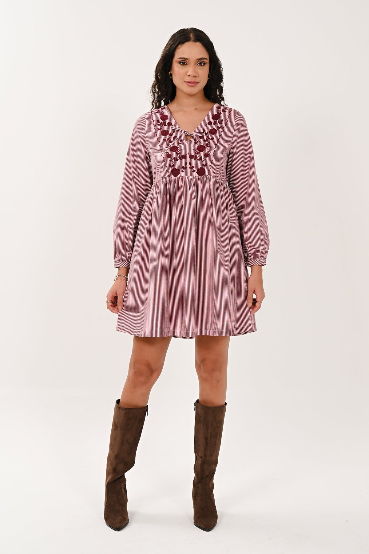 AW26 Embroidered Striped Tunic Dress - Fig