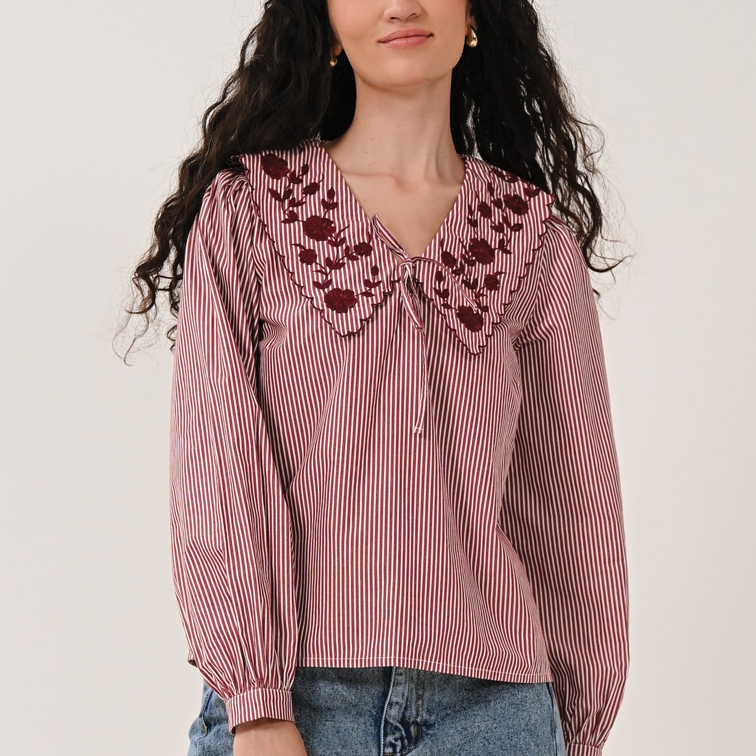 AW26 Embroidered Striped Blouse - Fig