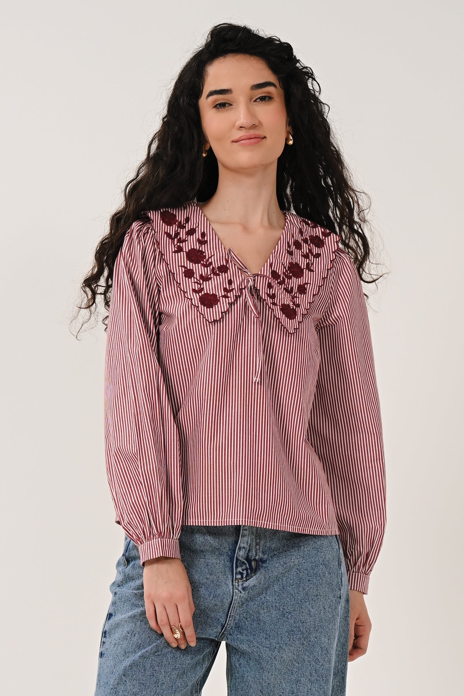 AW26 Embroidered Striped Blouse - Fig