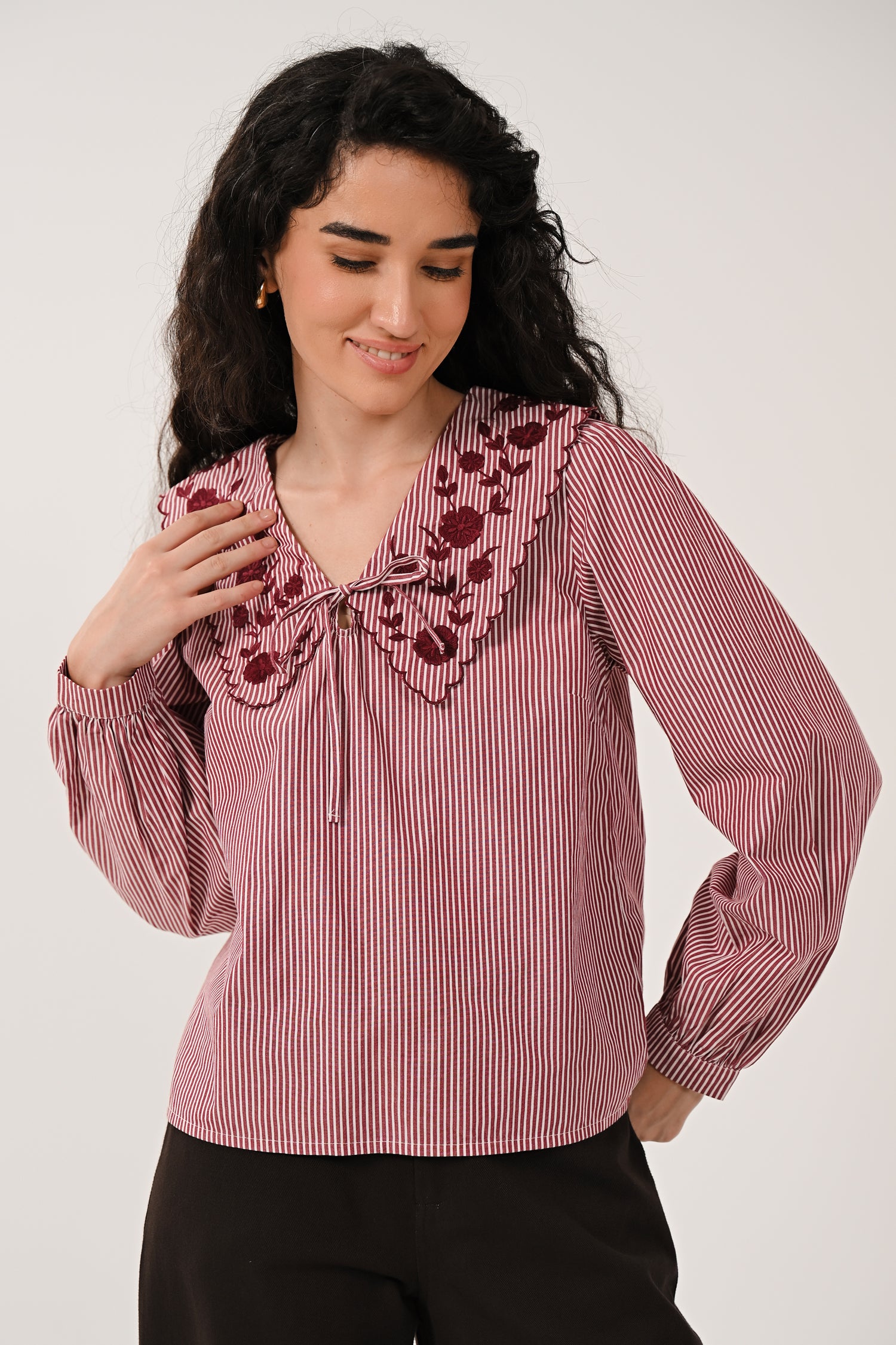AW26 Embroidered Striped Blouse - Fig