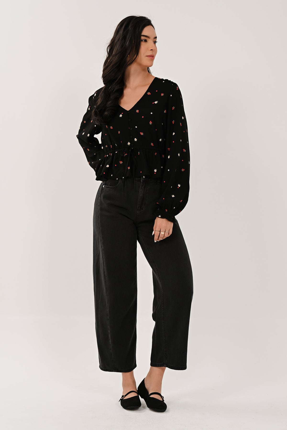 Black cotton barrel leg jeans styled for everyday wear
