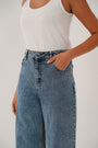 Close-up of the blue 100% cotton denim fabric