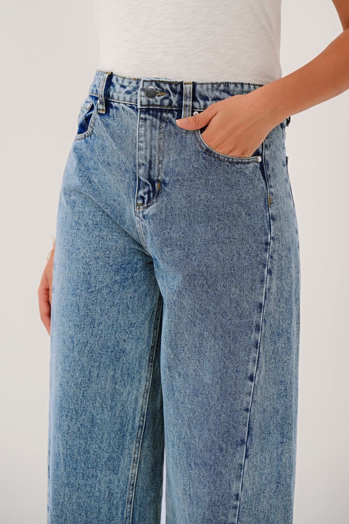 Close-up of the waistband on the blue denim jeans