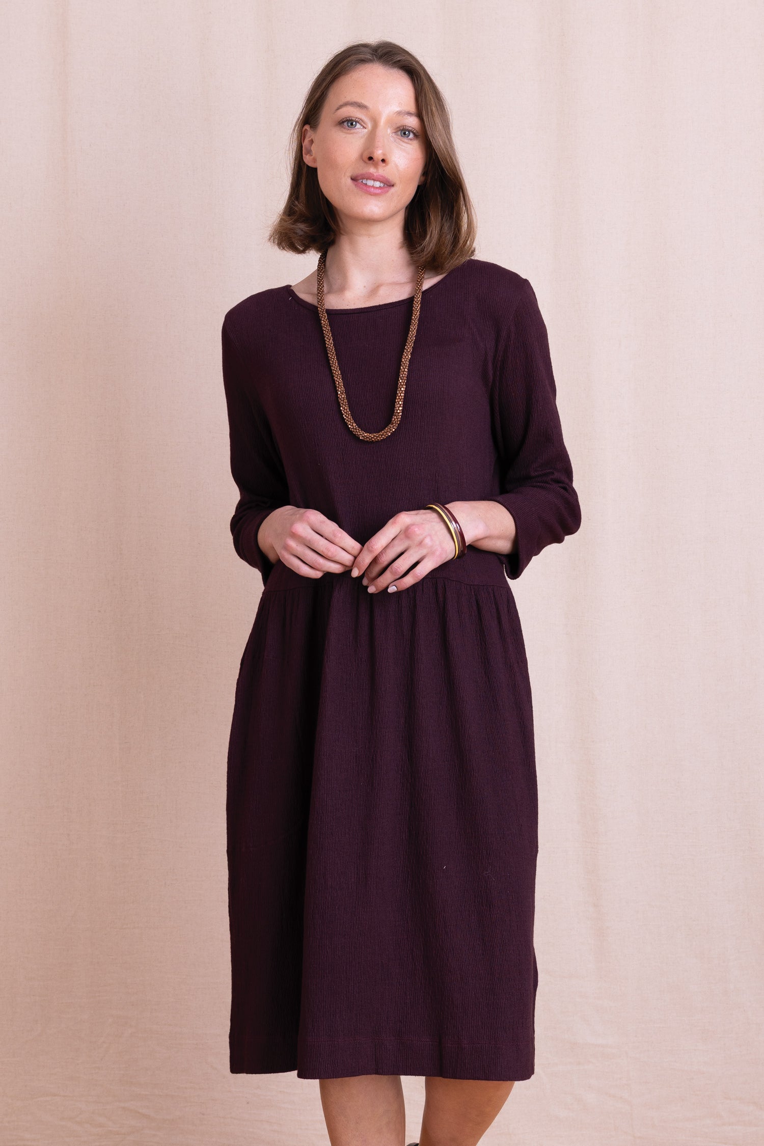 AW26 Textured Jersey Plain Midi Dress - Burgundy