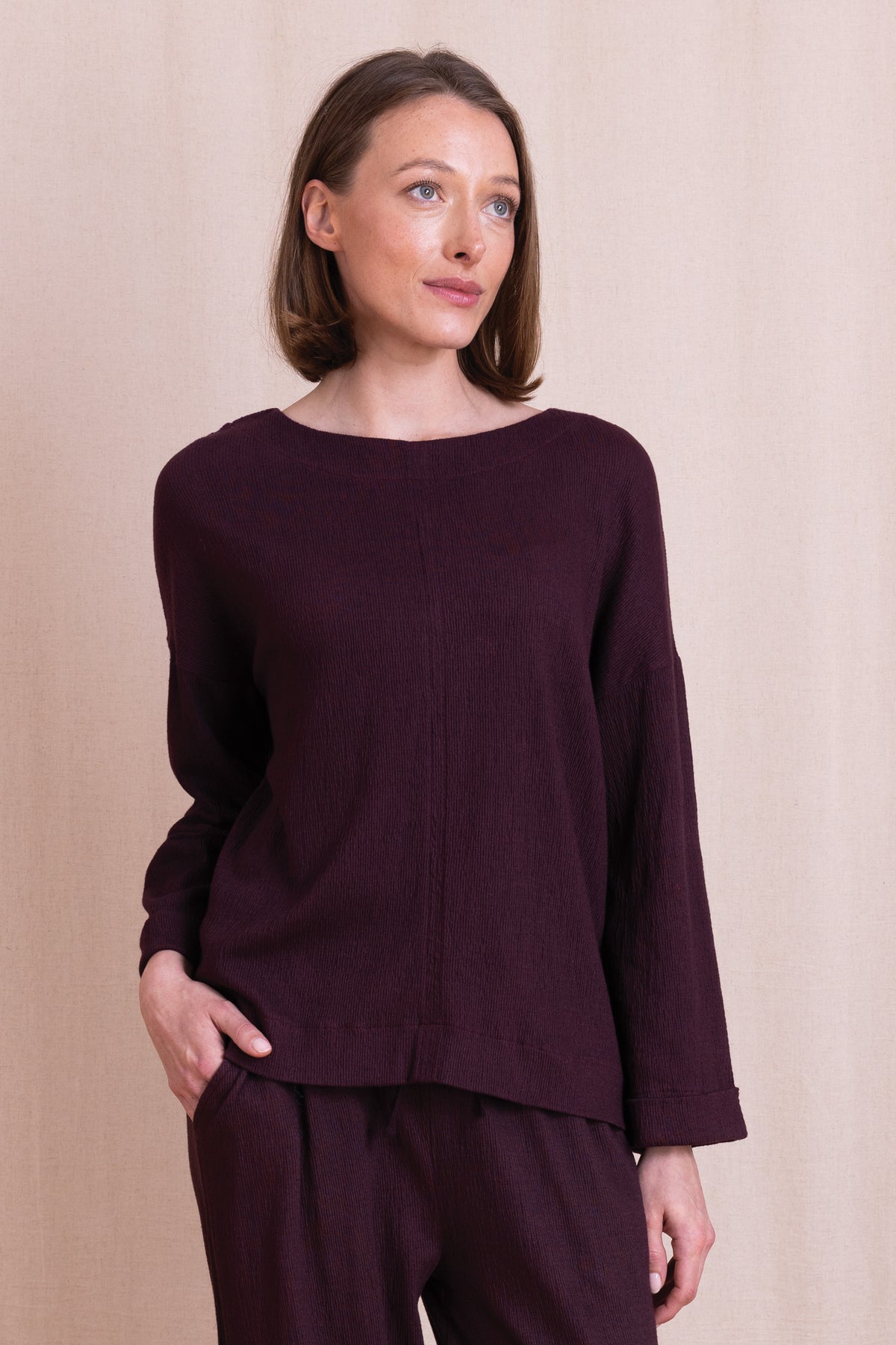 AW26 Textured Jersey Plain Top - Burgundy