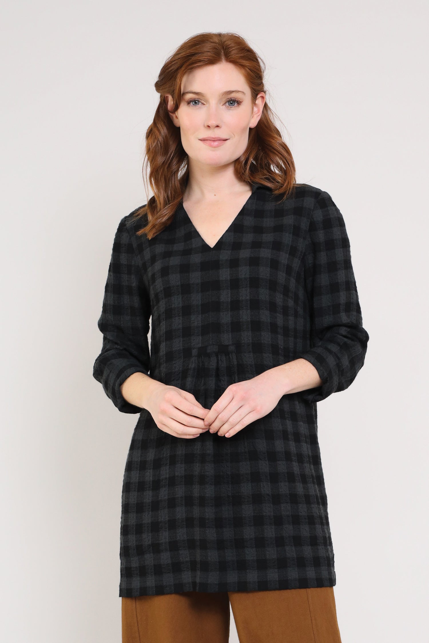 Textured Viscose Check Collared Tunic