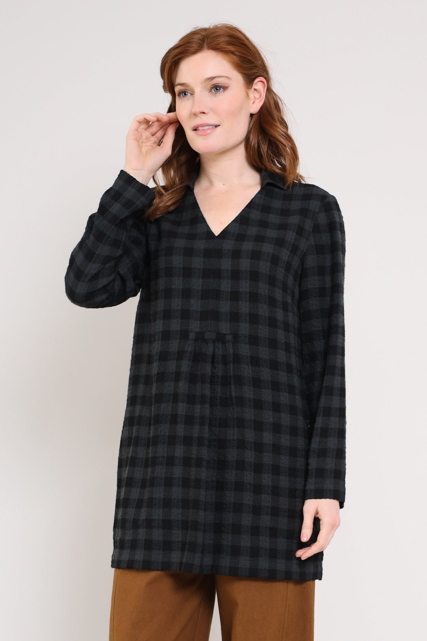 Textured Viscose Check Collared Tunic