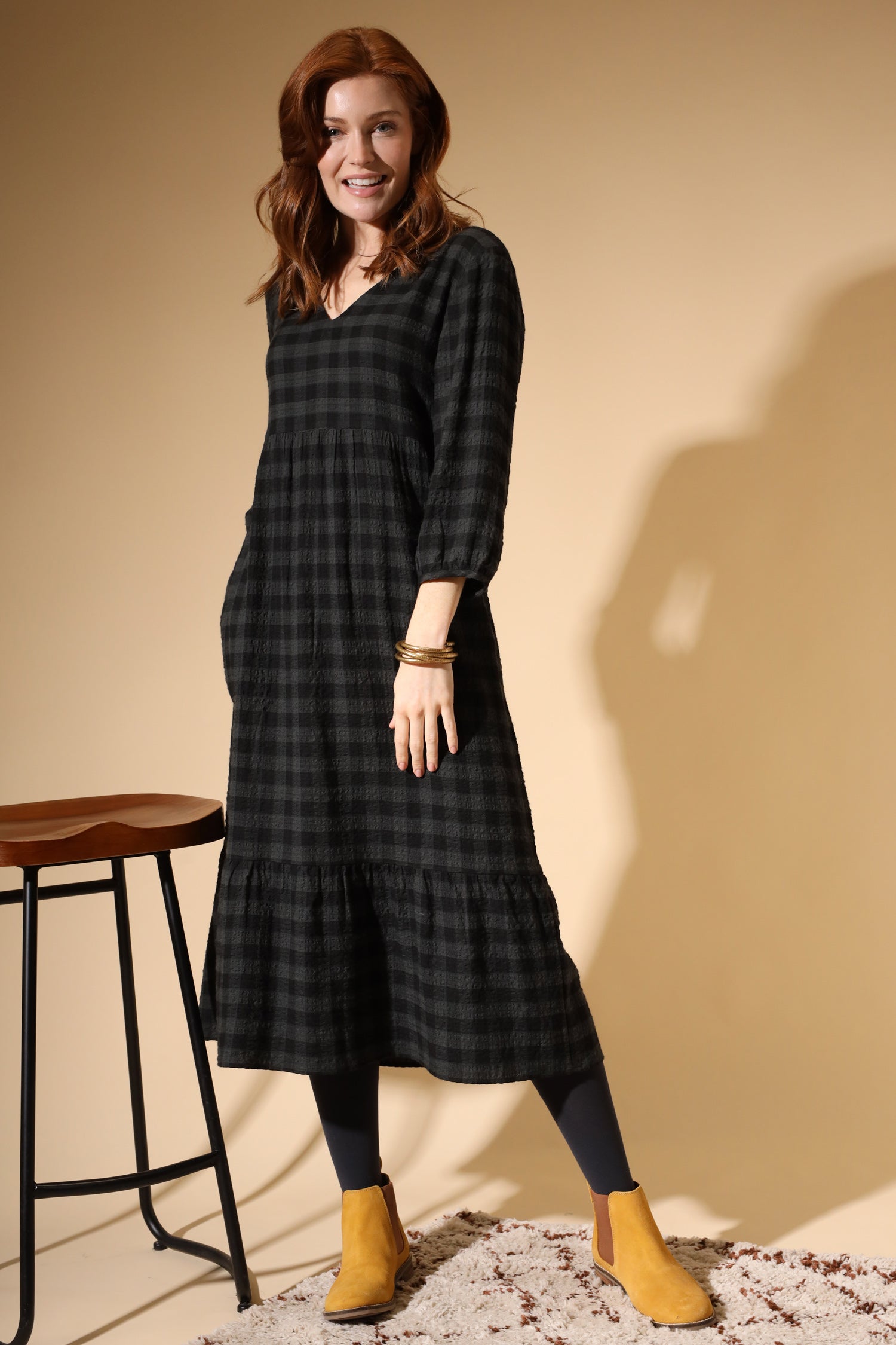 Seersucker Check Midi Dress