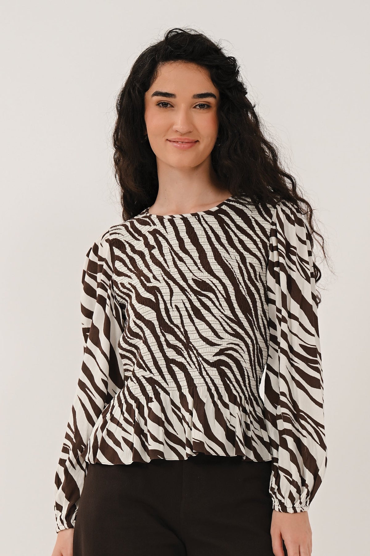 AW26 Shirred Zebra Print Top- Chocolate