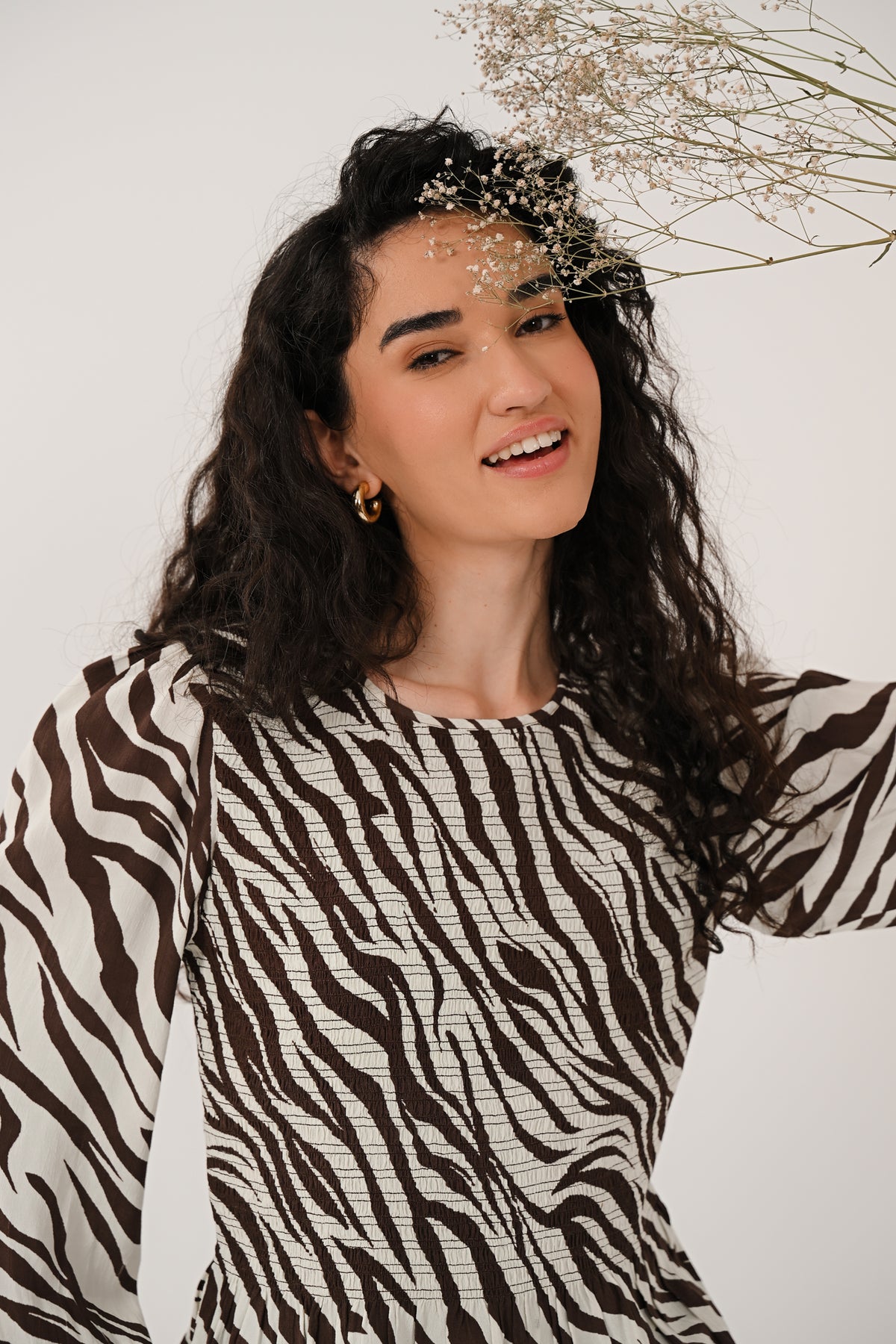 AW26 Shirred Zebra Print Top- Chocolate