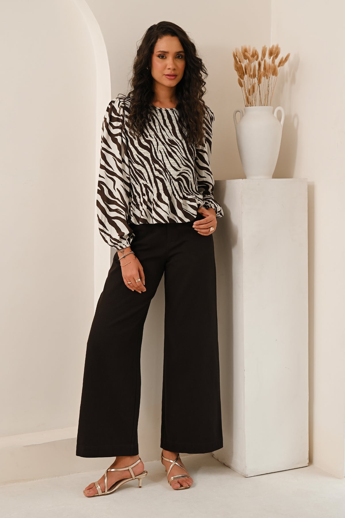 AW26 Shirred Zebra Print Top- Chocolate
