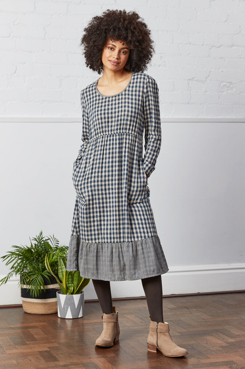 DK2128 Checked Cotton Midi Dress