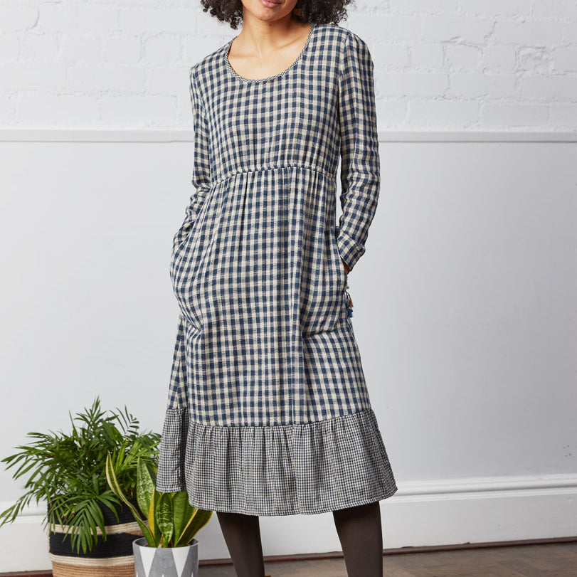 DK2128 Checked Cotton Midi Dress