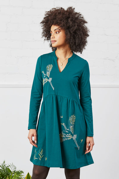 GOTS Embroidered Organic Cotton Tunic Dress - Fern