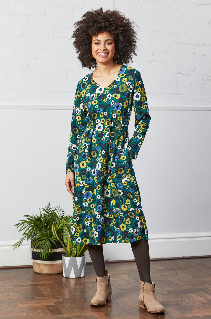 Viscose Twill Print Tiered Midi Dress