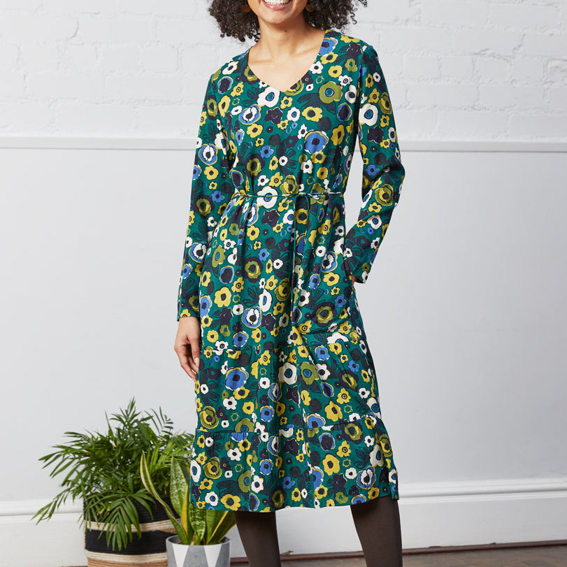Viscose Twill Print Tiered Midi Dress