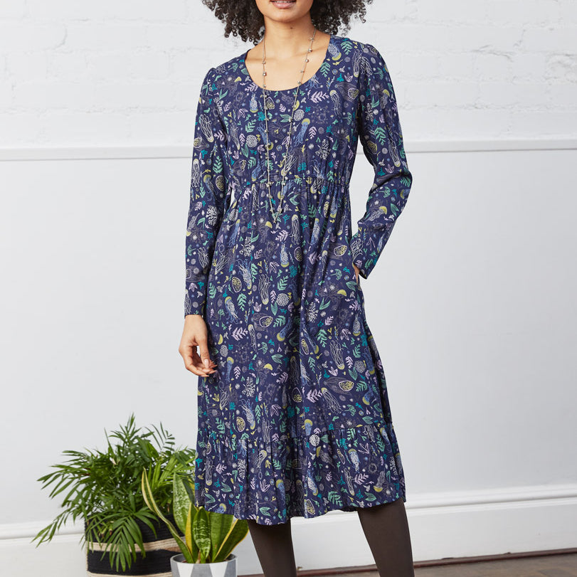 Viscose Marine Print Crepe Midi Dress