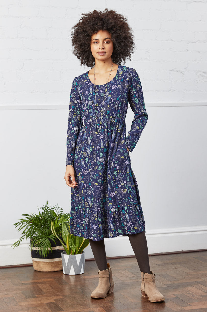 Viscose Marine Print Crepe Midi Dress