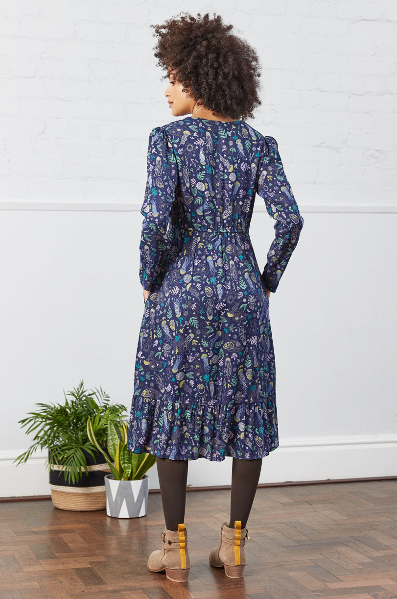 Viscose Marine Print Crepe Midi Dress