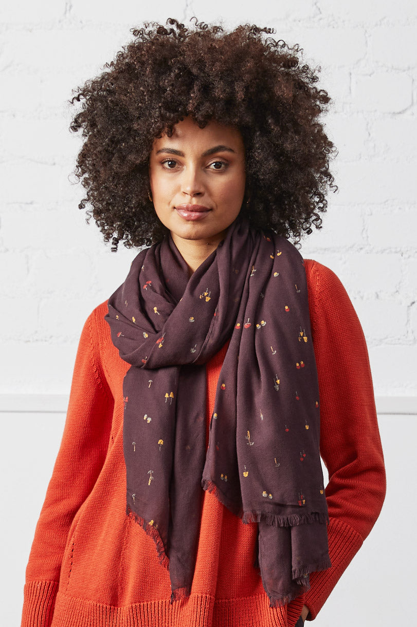 Mushroom Print Fringe Scarf
