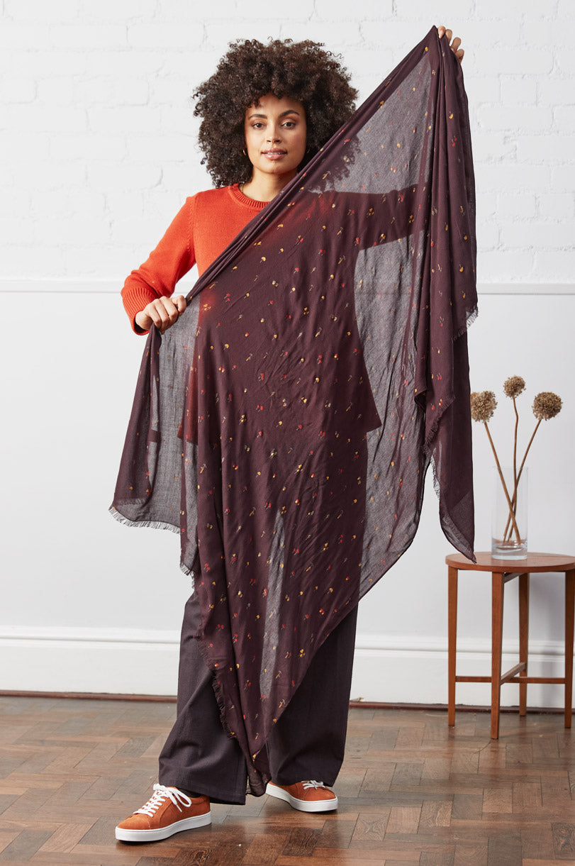 Mushroom Print Fringe Scarf