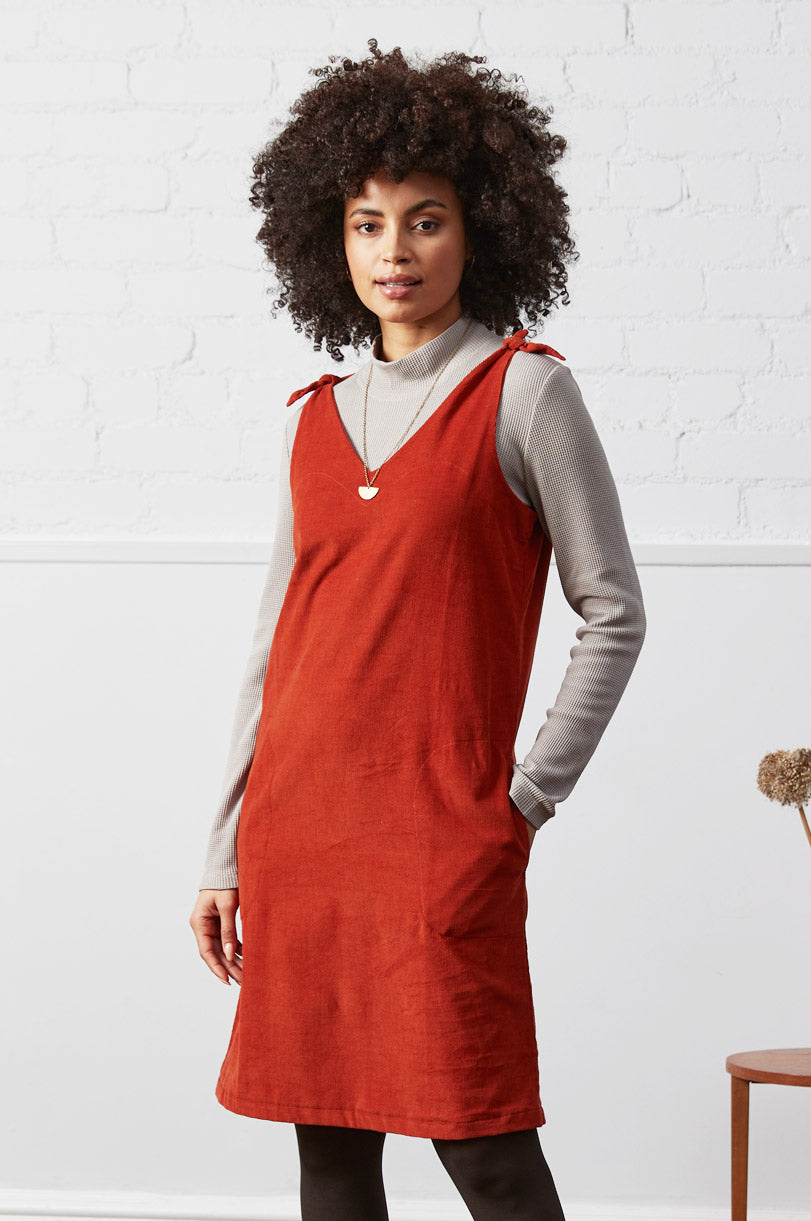Cotton Tie Shoulder Needlecord Pinafore Dress