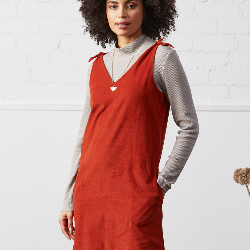 Cotton Tie Shoulder Needlecord Pinafore Dress